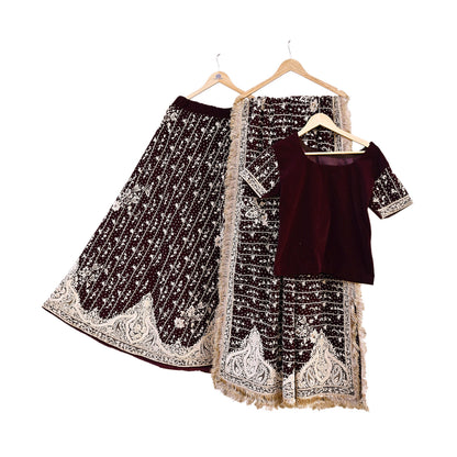 Indian Heavy Wedding Maroon Velvet/Net Hand Embroidered Lehenga Set of 3pcs Bollywood style wedding wear
