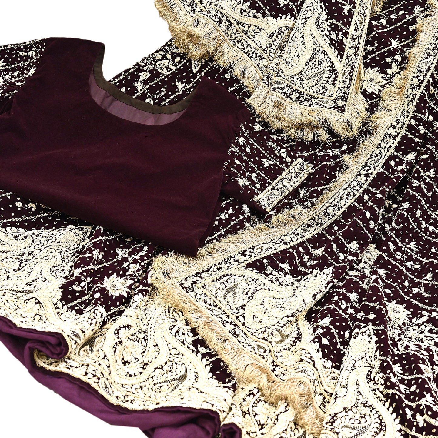 Indian Heavy Wedding Maroon Velvet/Net Hand Embroidered Lehenga Set of 3pcs Bollywood style wedding wear