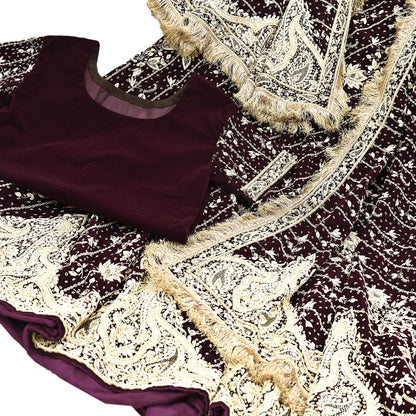Indian Heavy Wedding Maroon Velvet/Net Hand Embroidered Lehenga Set of 3pcs Bollywood style wedding wear