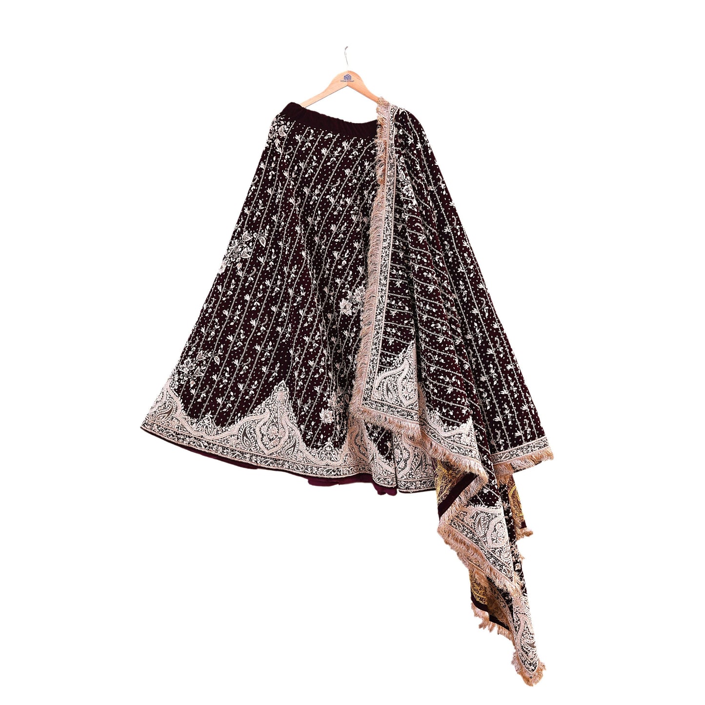 Indian Heavy Wedding Maroon Velvet/Net Hand Embroidered Lehenga Set of 3pcs Bollywood style wedding wear