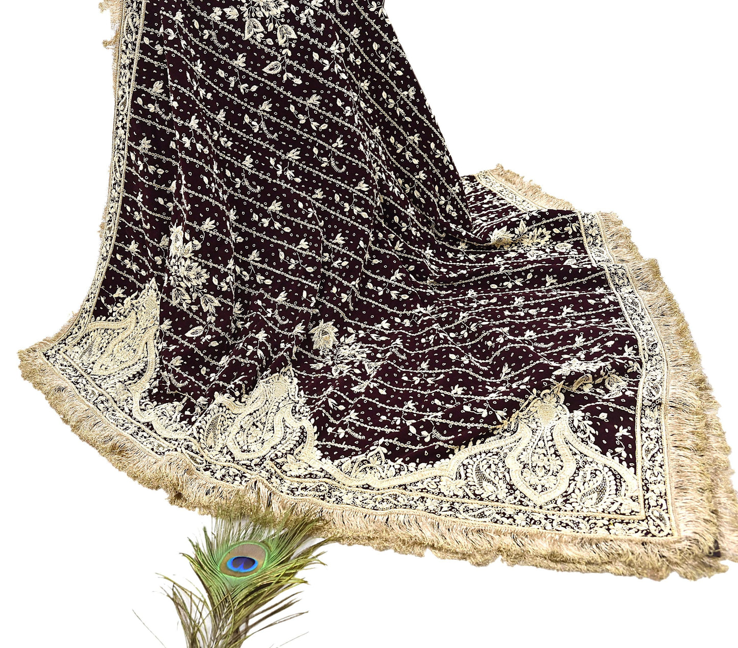 Indian Vintage Heavy Maroon Dupatta Velvet Long Stole Hand Embroidered Scarves Golden Zardozi Zari Wedding Veil Bridal Wear