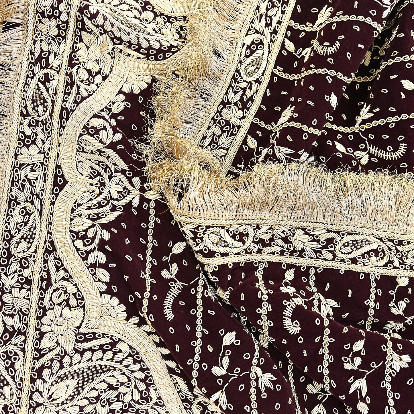 Indian Vintage Heavy Maroon Dupatta Velvet Long Stole Hand Embroidered Scarves Golden Zardozi Zari Wedding Veil Bridal Wear