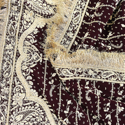 Indian Vintage Heavy Maroon Dupatta Velvet Long Stole Hand Embroidered Scarves Golden Zardozi Zari Wedding Veil Bridal Wear