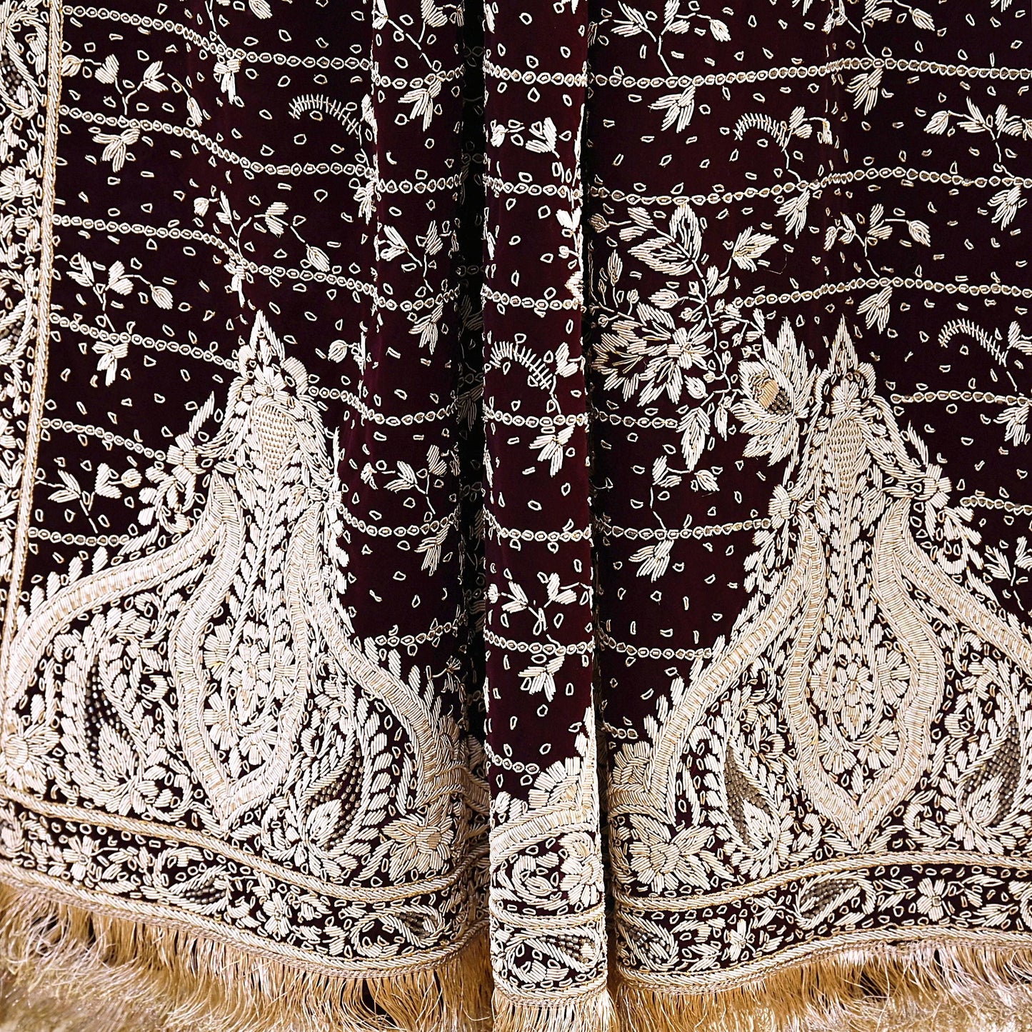 Indian Vintage Heavy Maroon Dupatta Velvet Long Stole Hand Embroidered Scarves Golden Zardozi Zari Wedding Veil Bridal Wear