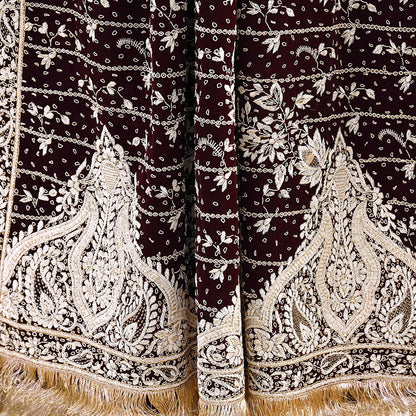 Indian Vintage Heavy Maroon Dupatta Velvet Long Stole Hand Embroidered Scarves Golden Zardozi Zari Wedding Veil Bridal Wear