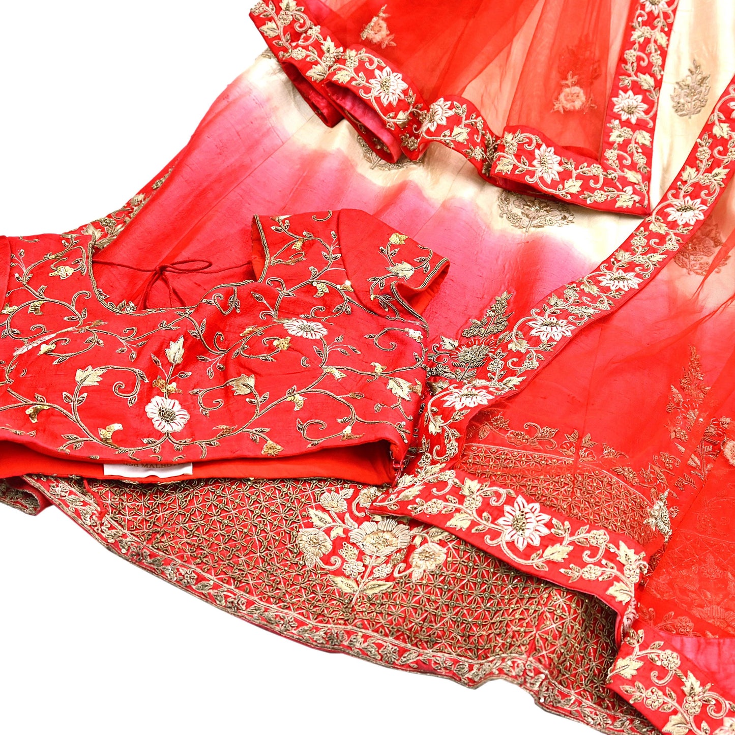 Indian Heavy Ivory Red Raw Silk & Net Hand Embroidered Lehenga 3pcs Set Designer By Manish Malhotra Party Wear