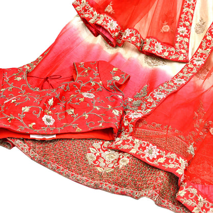 Indian Heavy Ivory Red Raw Silk & Net Hand Embroidered Lehenga 3pcs Set Designer By Manish Malhotra Party Wear