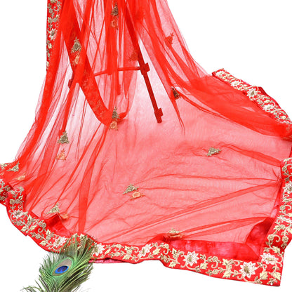 Indian Vintage Heavy Wedding Red Net/Mesh Hand Embroidered Dupatta Designer By Manish Malhotra Bridal Wear Zardozi Veil Hijab