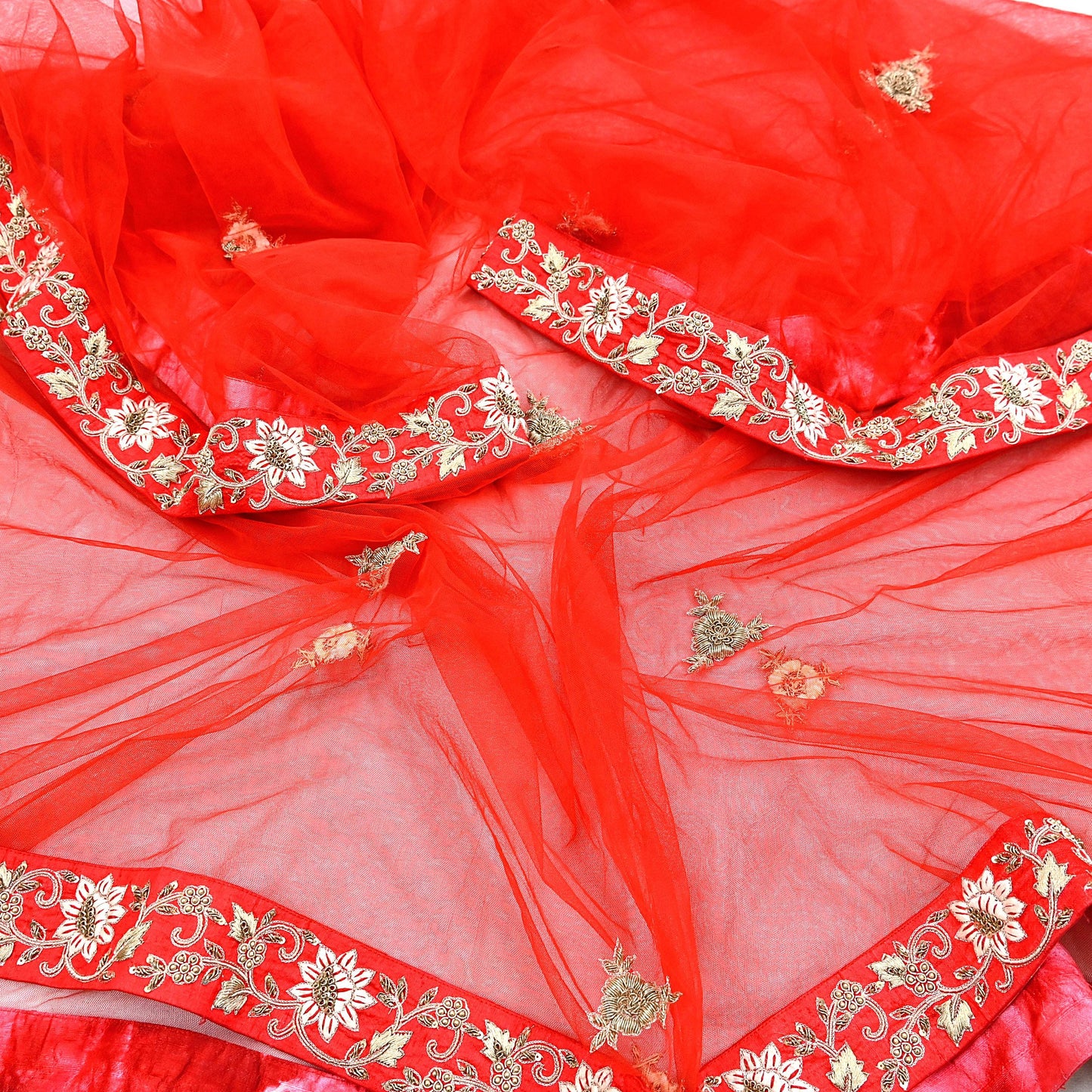 Indian Vintage Heavy Wedding Red Net/Mesh Hand Embroidered Dupatta Designer By Manish Malhotra Bridal Wear Zardozi Veil Hijab