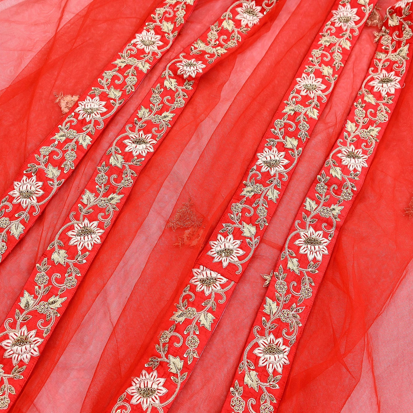 Indian Vintage Heavy Wedding Red Net/Mesh Hand Embroidered Dupatta Designer By Manish Malhotra Bridal Wear Zardozi Veil Hijab