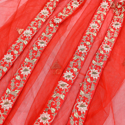 Indian Vintage Heavy Wedding Red Net/Mesh Hand Embroidered Dupatta Designer By Manish Malhotra Bridal Wear Zardozi Veil Hijab