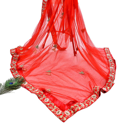 Indian Vintage Heavy Wedding Red Net/Mesh Hand Embroidered Dupatta Designer By Manish Malhotra Bridal Wear Zardozi Veil Hijab