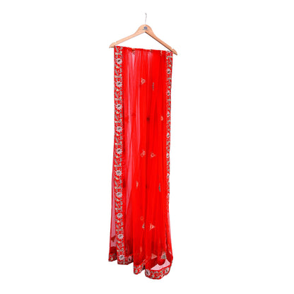 Indian Vintage Heavy Wedding Red Net/Mesh Hand Embroidered Dupatta Designer By Manish Malhotra Bridal Wear Zardozi Veil Hijab