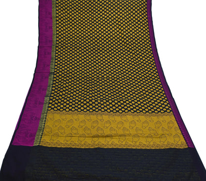 Indian Vintage Black Saree Artificial Silk Hand woven Sari Craft Fabric 5Yd Sewing Stripes Dress making Crafting Quilting Fringes