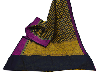 Indian Vintage Black Saree Artificial Silk Hand woven Sari Craft Fabric 5Yd Sewing Stripes Dress making Crafting Quilting Fringes