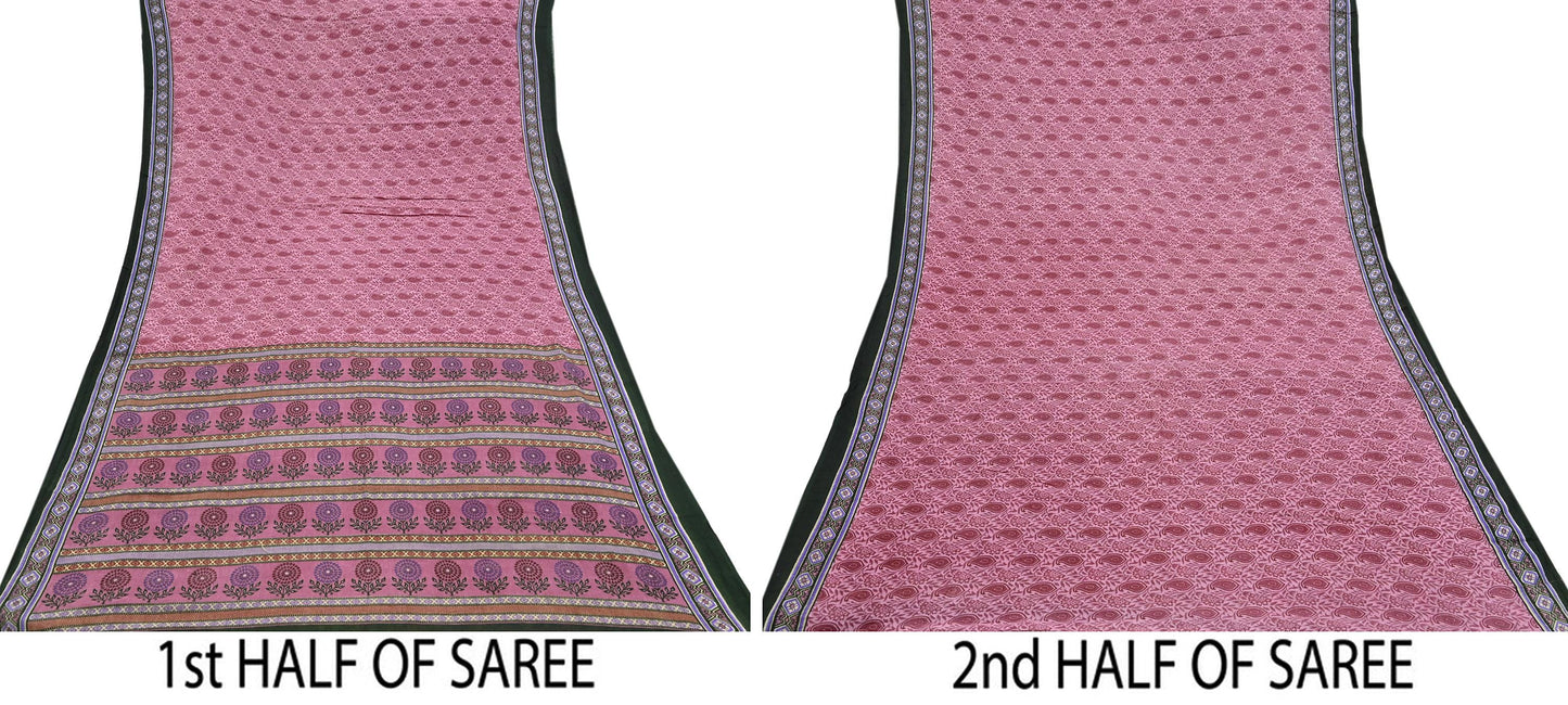 Indian Vintage Sari Pink Printed Pure Cotton Saree Craft Fabric 5Yd Soft Sewing Sarong Wrap Boho Floral Dress making Crafting