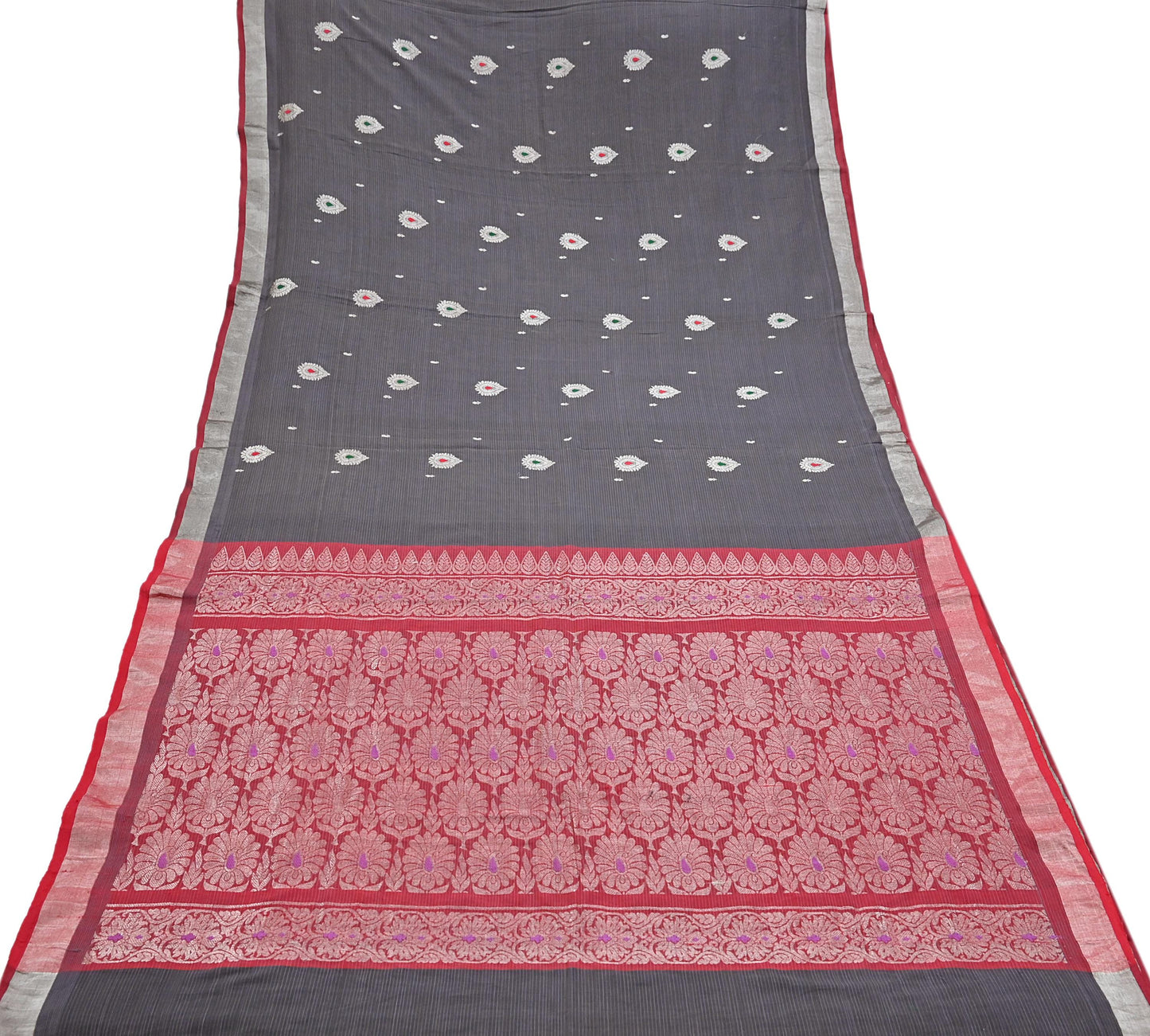 Indian Vintage Sari Red & Brown Pure Cotton Hand Woven Sarees Craft Fabric 5yd Ethnic Crafting Upcycle Quilting Dress Making Quilting Zari