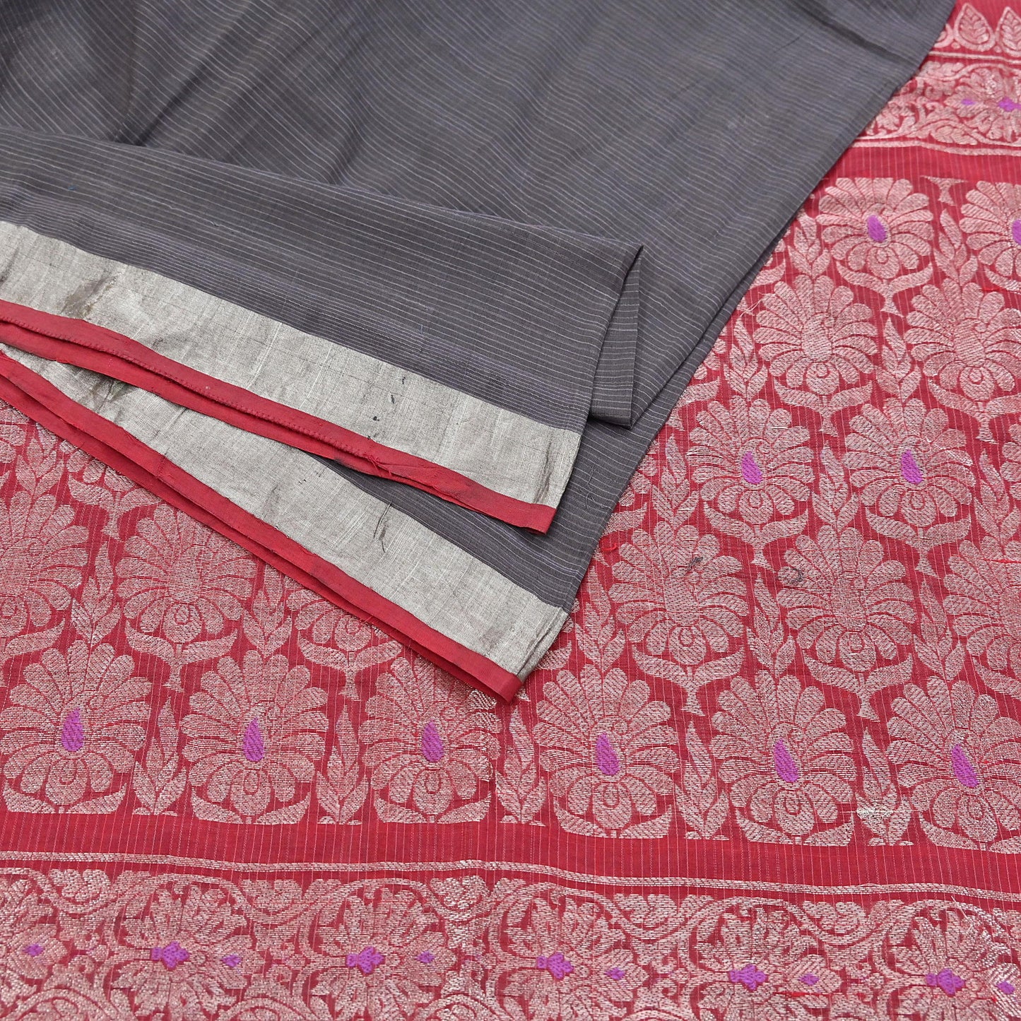 Indian Vintage Sari Red & Brown Pure Cotton Hand Woven Sarees Craft Fabric 5yd Ethnic Crafting Upcycle Quilting Dress Making Quilting Zari