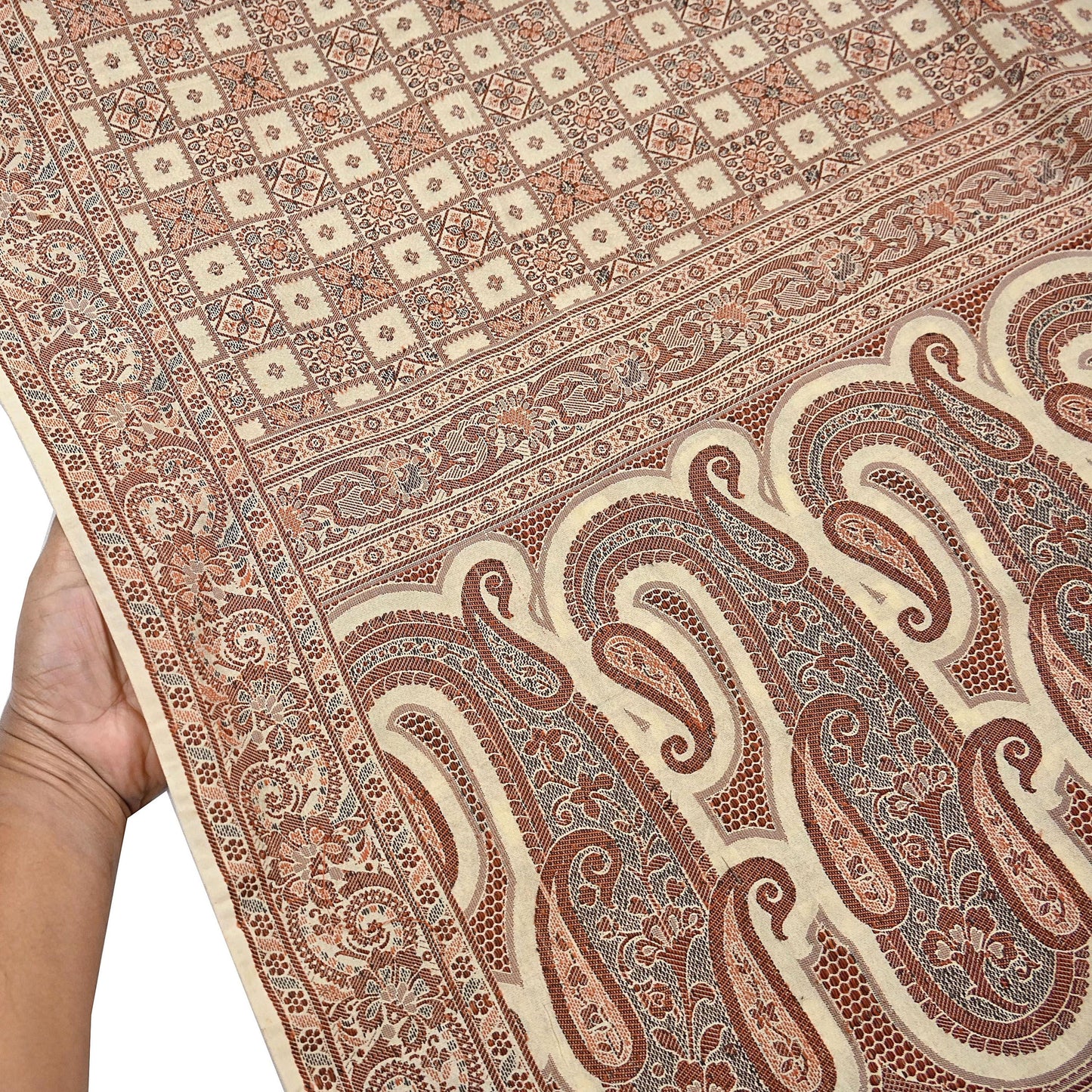 Indian Vintage Heavy Beige Hand Woven Saree 100% Pure Silk Sari 6Yard Floral Dress making Crafting Quilting Upcycle
