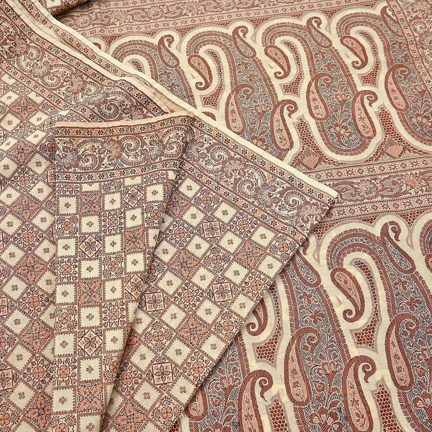 Indian Vintage Heavy Beige Hand Woven Saree 100% Pure Silk Sari 6Yard Floral Dress making Crafting Quilting Upcycle