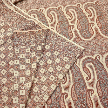 Indian Vintage Heavy Beige Hand Woven Saree 100% Pure Silk Sari 6Yard Floral Dress making Crafting Quilting Upcycle