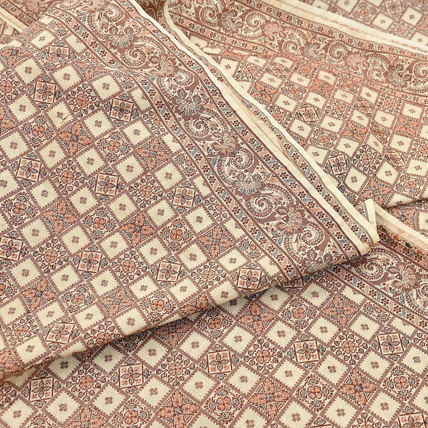 Indian Vintage Heavy Beige Hand Woven Saree 100% Pure Silk Sari 6Yard Floral Dress making Crafting Quilting Upcycle