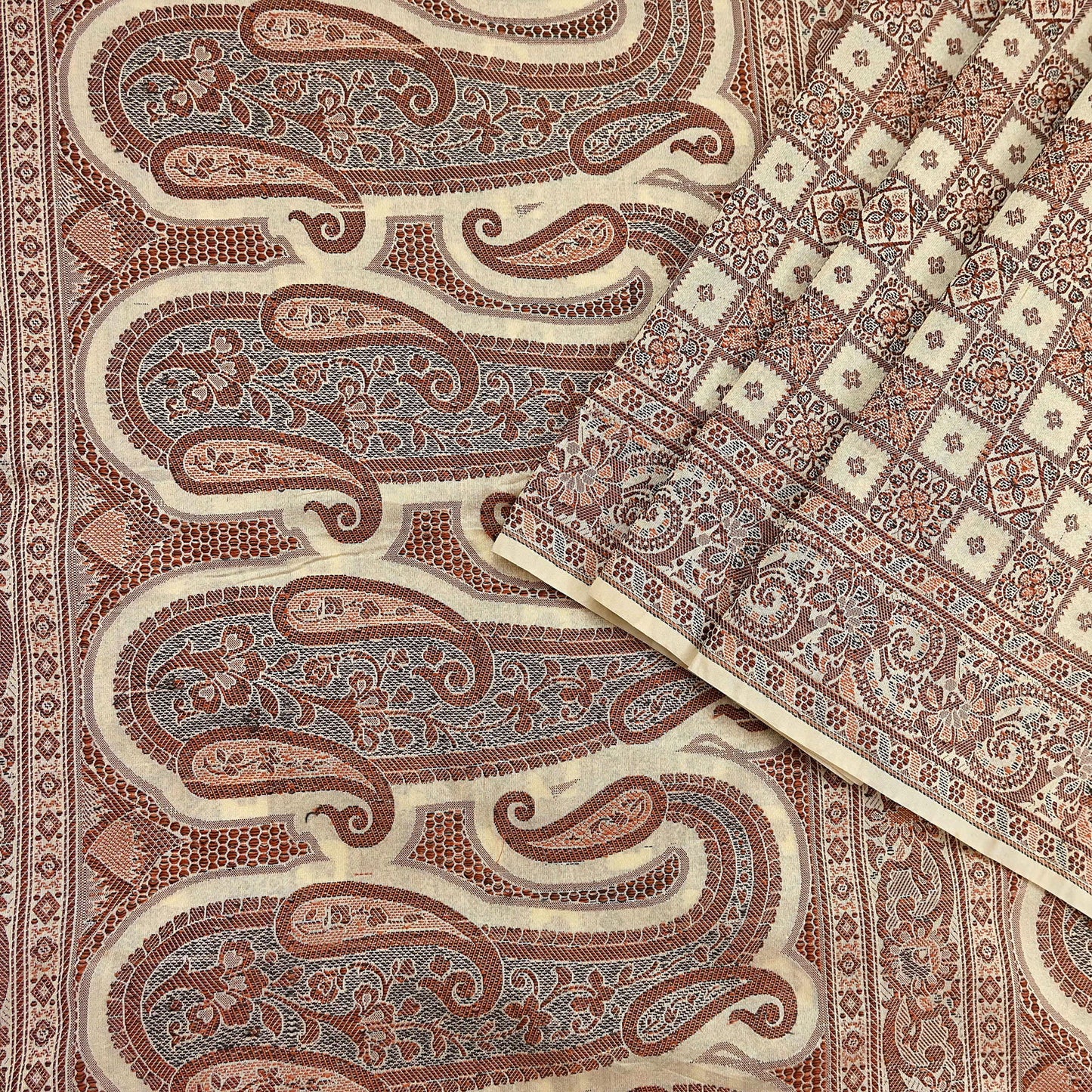 Indian Vintage Heavy Beige Hand Woven Saree 100% Pure Silk Sari 6Yard Floral Dress making Crafting Quilting Upcycle