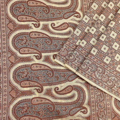 Indian Vintage Heavy Beige Hand Woven Saree 100% Pure Silk Sari 6Yard Floral Dress making Crafting Quilting Upcycle