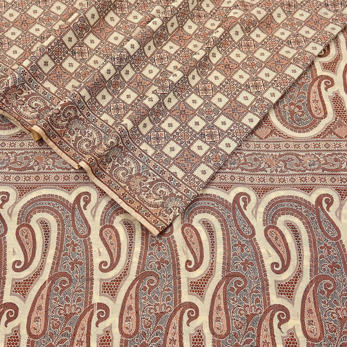 Indian Vintage Heavy Beige Hand Woven Saree 100% Pure Silk Sari 6Yard Floral Dress making Crafting Quilting Upcycle