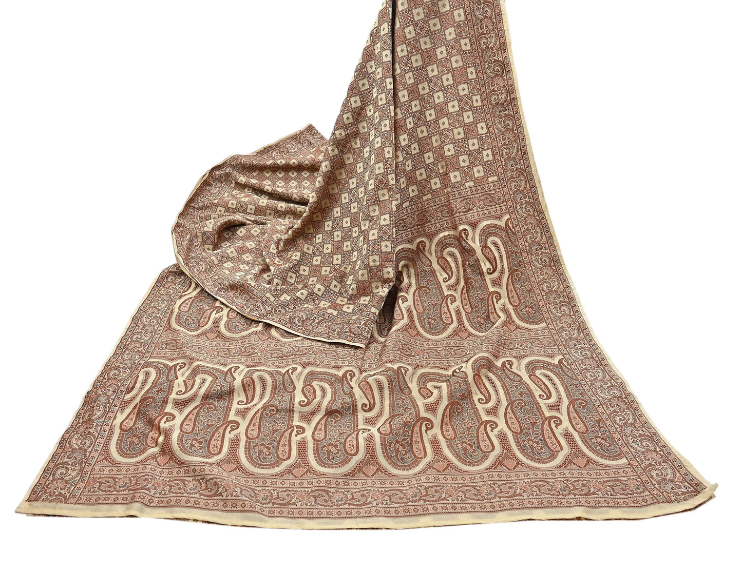 Indian Vintage Heavy Beige Hand Woven Saree 100% Pure Silk Sari 6Yard Floral Dress making Crafting Quilting Upcycle