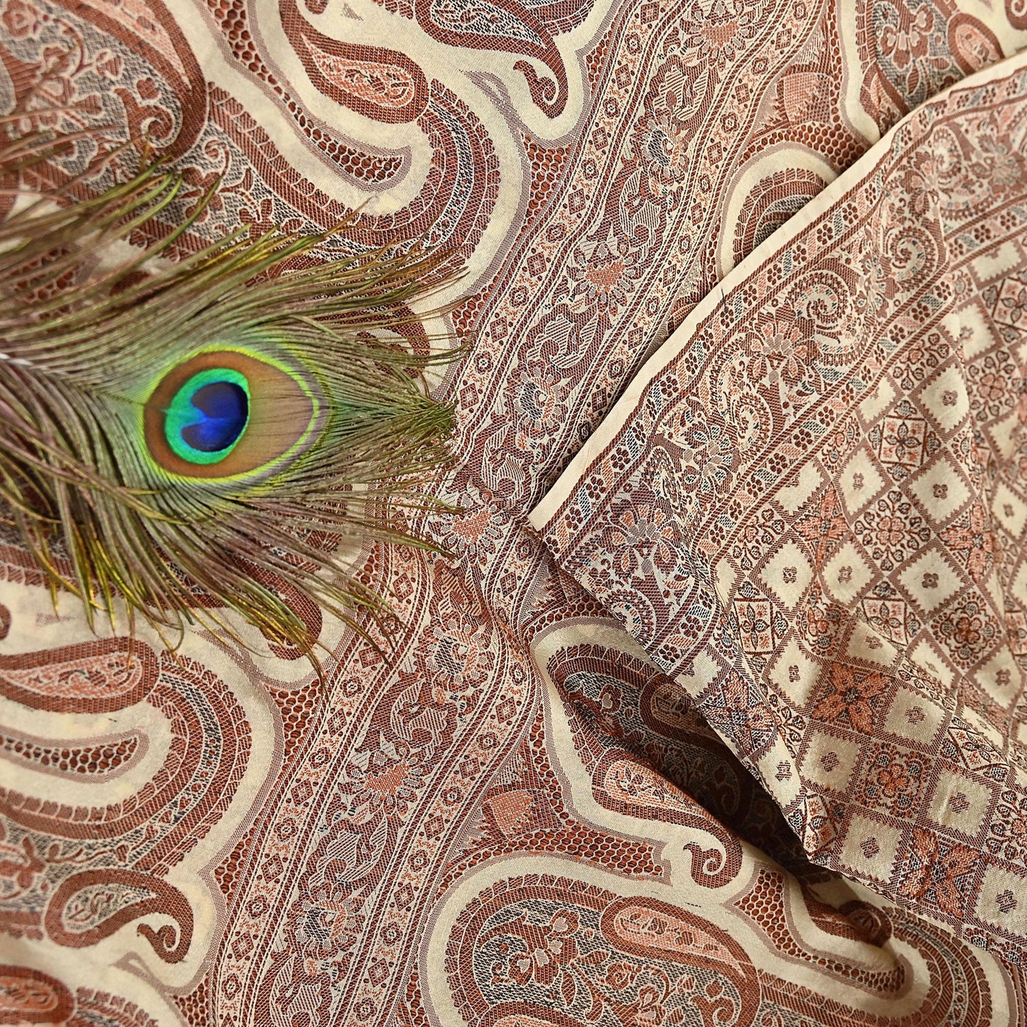 Indian Vintage Heavy Beige Hand Woven Saree 100% Pure Silk Sari 6Yard Floral Dress making Crafting Quilting Upcycle