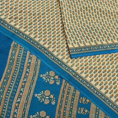 Indian Vintage blue & Beige Pure Crepe Silk Saree Floral Print 5 Yards Soft Sewing Fabric for Dressmaking, Quilting, Crafting Upcycling