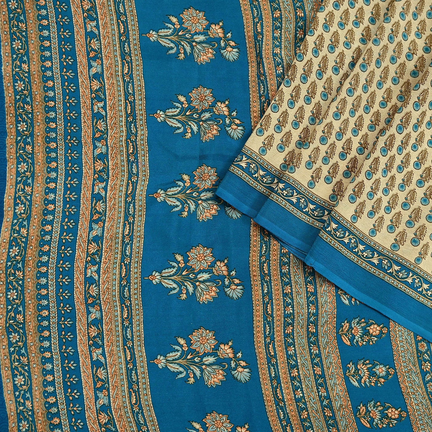 Indian Vintage blue & Beige Pure Crepe Silk Saree Floral Print 5 Yards Soft Sewing Fabric for Dressmaking, Quilting, Crafting Upcycling