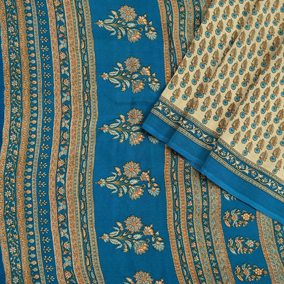 Indian Vintage blue & Beige Pure Crepe Silk Saree Floral Print 5 Yards Soft Sewing Fabric for Dressmaking, Quilting, Crafting Upcycling
