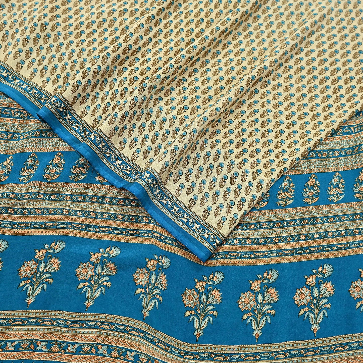 Indian Vintage blue & Beige Pure Crepe Silk Saree Floral Print 5 Yards Soft Sewing Fabric for Dressmaking, Quilting, Crafting Upcycling