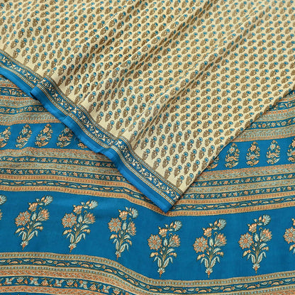 Indian Vintage blue & Beige Pure Crepe Silk Saree Floral Print 5 Yards Soft Sewing Fabric for Dressmaking, Quilting, Crafting Upcycling