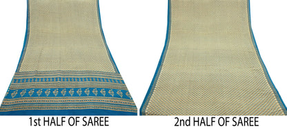 Indian Vintage blue & Beige Pure Crepe Silk Saree Floral Print 5 Yards Soft Sewing Fabric for Dressmaking, Quilting, Crafting Upcycling