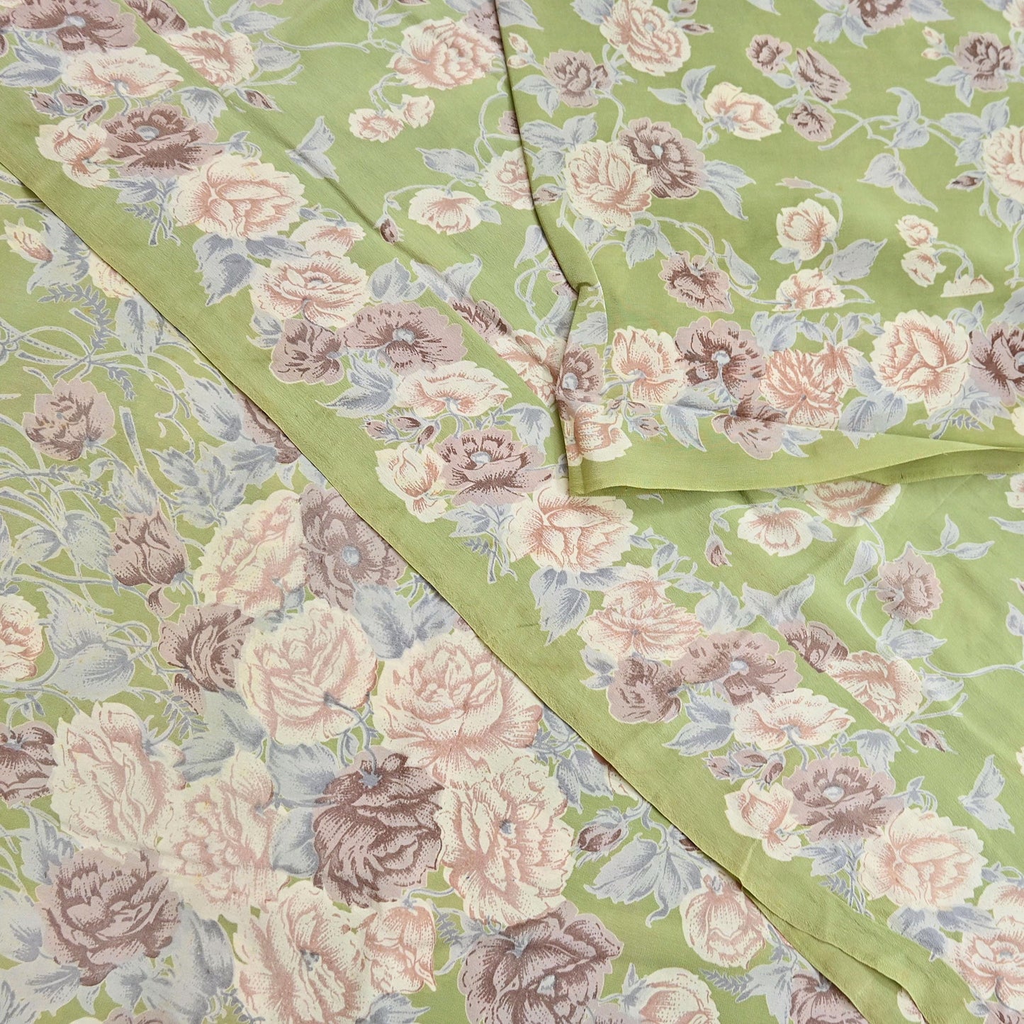 Indian Vintage Sari Sage Green Pure Crepe Silk Printed Saree 5yard Sewing Quilting Floral Soft Craft Fabric Wrap