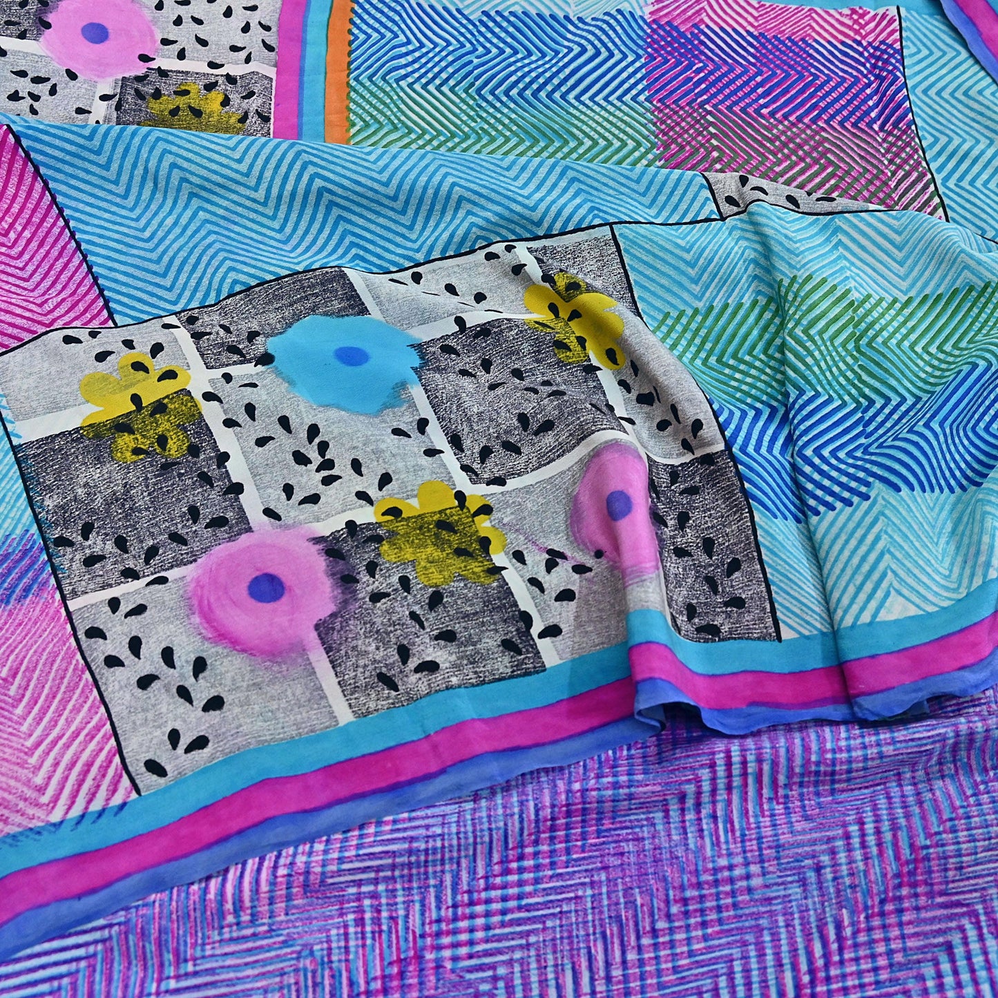 Indian Vintage Sari Multi Pure Crepe Silk Printed Saree 5yard Sewing Geometric Craft Fabric Wrap Dress Making Crafting Quilting