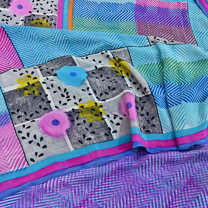 Indian Vintage Sari Multi Pure Crepe Silk Printed Saree 5yard Sewing Geometric Craft Fabric Wrap Dress Making Crafting Quilting