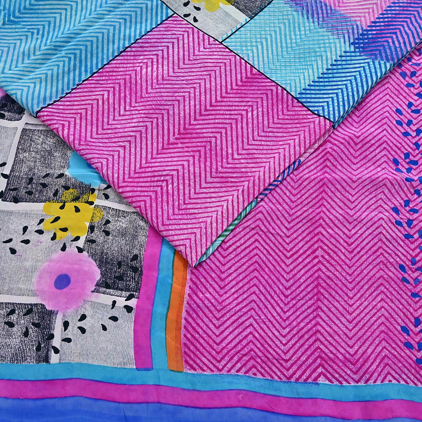 Indian Vintage Sari Multi Pure Crepe Silk Printed Saree 5yard Sewing Geometric Craft Fabric Wrap Dress Making Crafting Quilting