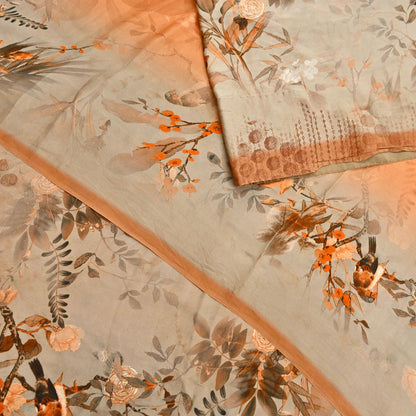 Indian Vintage Saree orange & brown Pure Satin Silk Digital Printed Sari 5yd Sewing Floral Soft Craft Fabric Dress Making Crafting Quilting