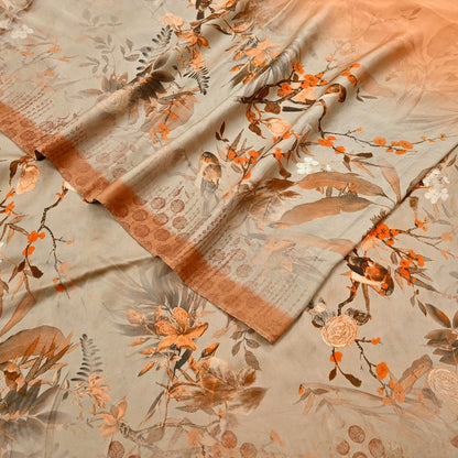 Indian Vintage Saree orange & brown Pure Satin Silk Digital Printed Sari 5yd Sewing Floral Soft Craft Fabric Dress Making Crafting Quilting