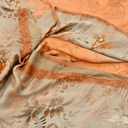 Indian Vintage Saree orange & brown Pure Satin Silk Digital Printed Sari 5yd Sewing Floral Soft Craft Fabric Dress Making Crafting Quilting