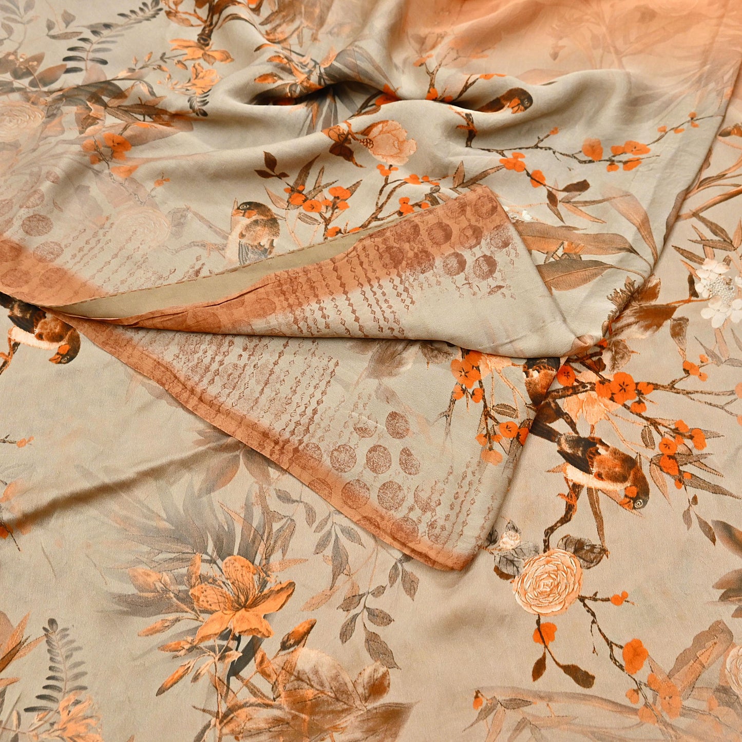 Indian Vintage Saree orange & brown Pure Satin Silk Digital Printed Sari 5yd Sewing Floral Soft Craft Fabric Dress Making Crafting Quilting