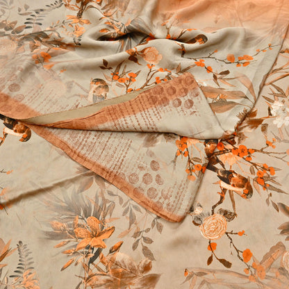 Indian Vintage Saree orange & brown Pure Satin Silk Digital Printed Sari 5yd Sewing Floral Soft Craft Fabric Dress Making Crafting Quilting