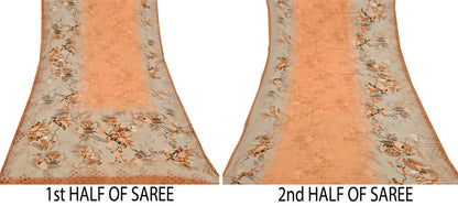 Indian Vintage Saree orange & brown Pure Satin Silk Digital Printed Sari 5yd Sewing Floral Soft Craft Fabric Dress Making Crafting Quilting