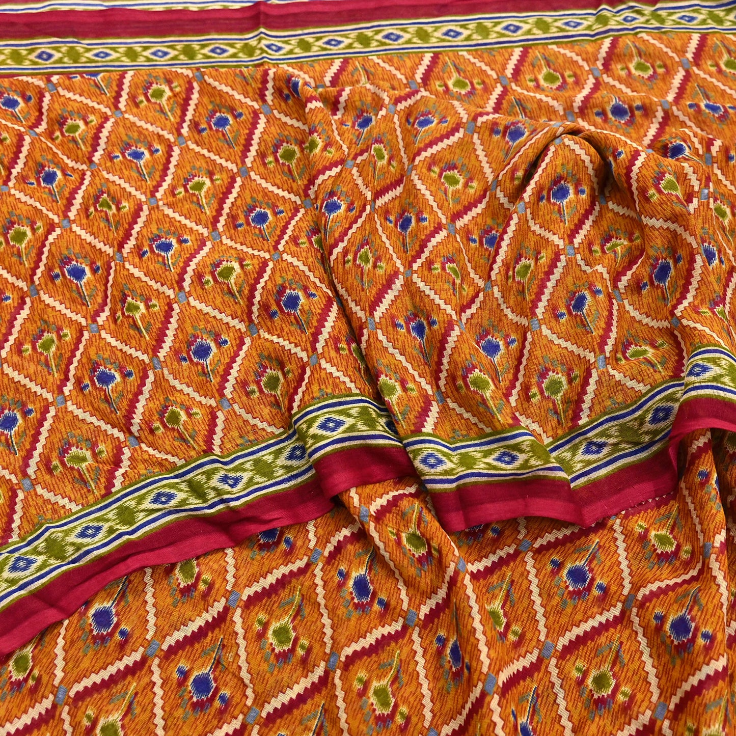 Indian Vintage Red & Mustard Saree Printed 100% Pure Cotton Sari Craft Fabric 5Yd Soft Sewing Sarong Wrap Dress Making Quilting Crafting