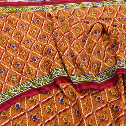 Indian Vintage Red & Mustard Saree Printed 100% Pure Cotton Sari Craft Fabric 5Yd Soft Sewing Sarong Wrap Dress Making Quilting Crafting