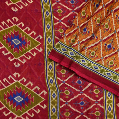 Indian Vintage Red & Mustard Saree Printed 100% Pure Cotton Sari Craft Fabric 5Yd Soft Sewing Sarong Wrap Dress Making Quilting Crafting